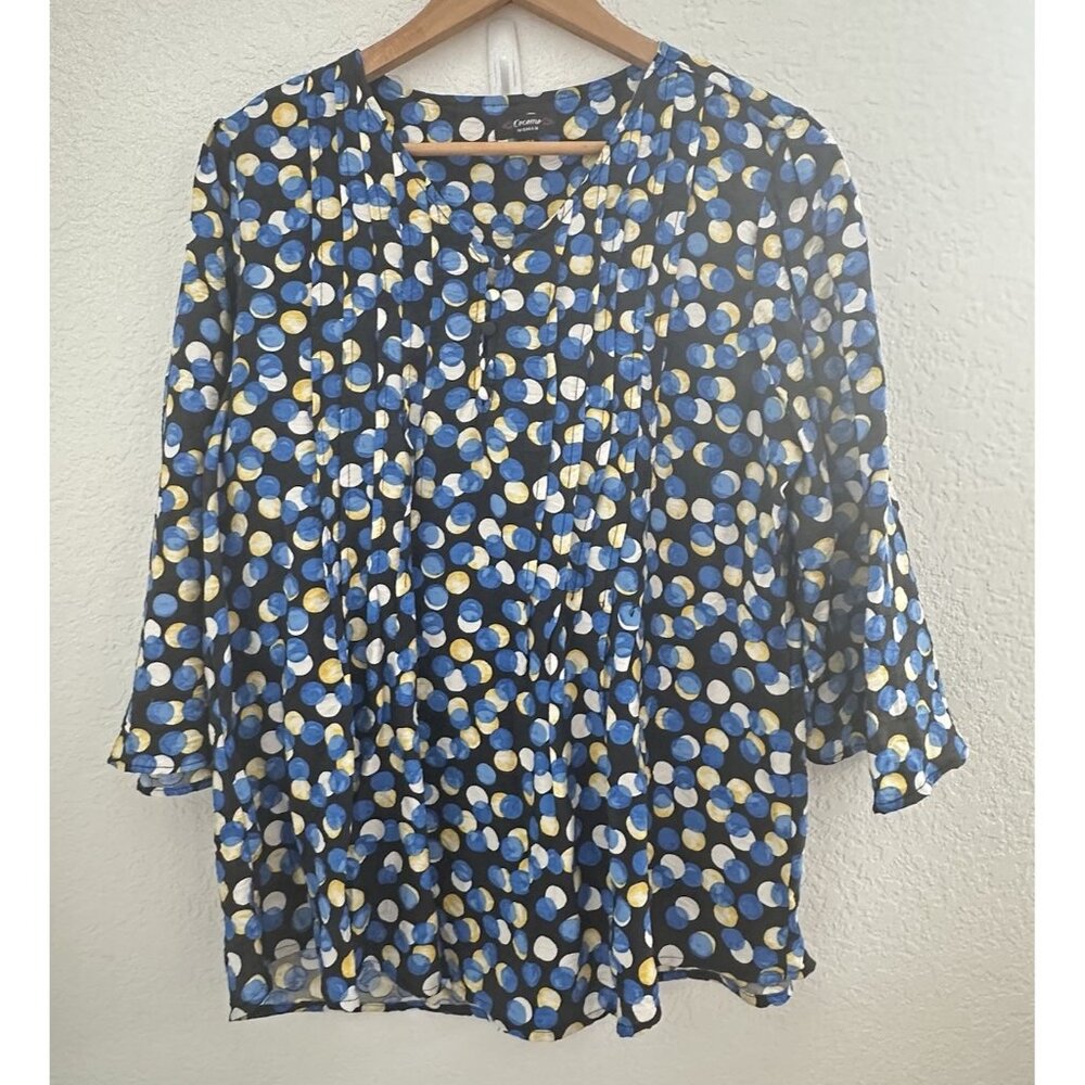 Cocomo Pintuck Popover Top Womens 1X Blk Multi Dots 3/4 Sleeve Flowy Artsy Work